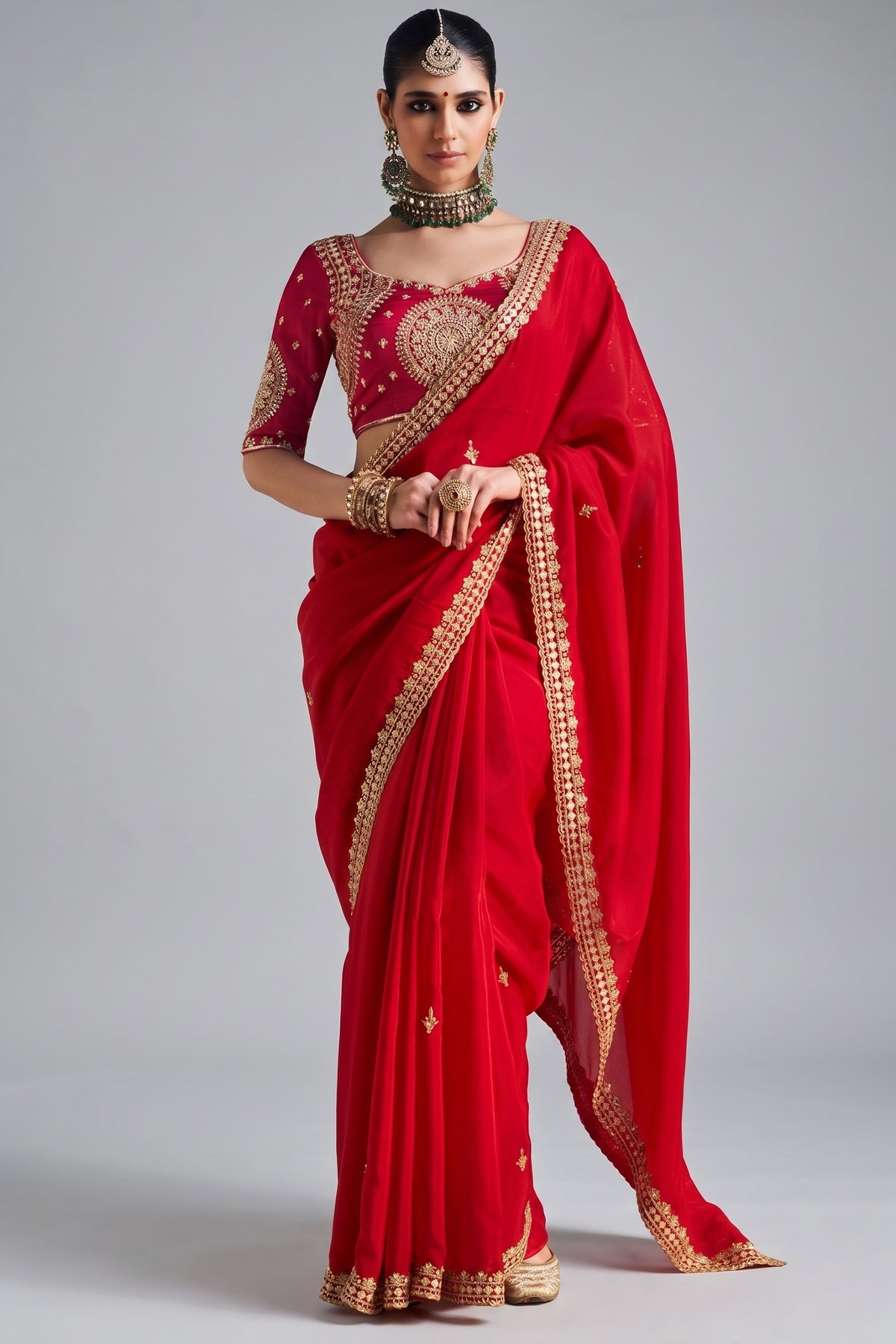 Red Crepe Silk Sequin and Cutdana Worked Saree