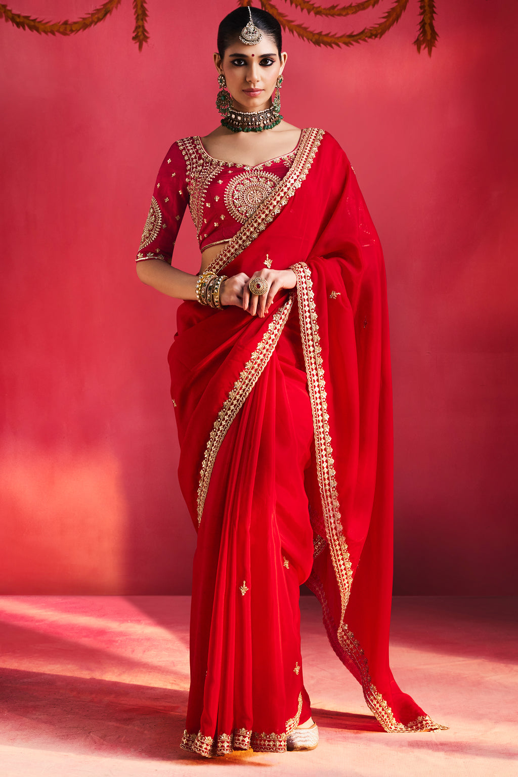 Red Crepe Silk Sequin and Cutdana Worked Saree
