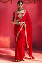 Red Crepe Silk Sequin and Cutdana Worked Saree