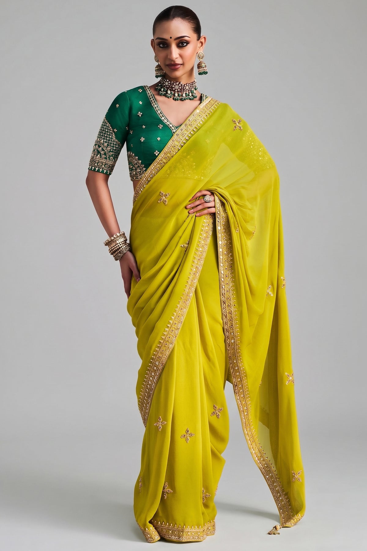 Lime Green Organza Beaded and Cutdana Worked Saree