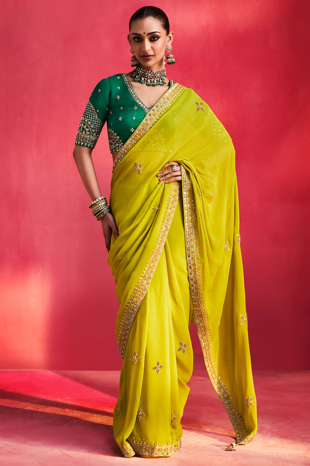 Lime Green Organza Beaded and Cutdana Worked Saree