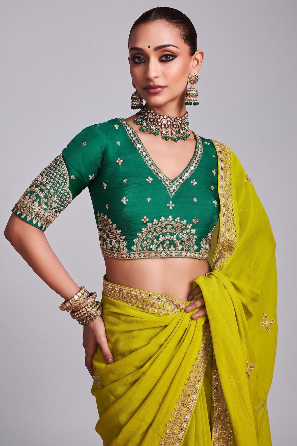 Lime Green Organza Beaded and Cutdana Worked Saree