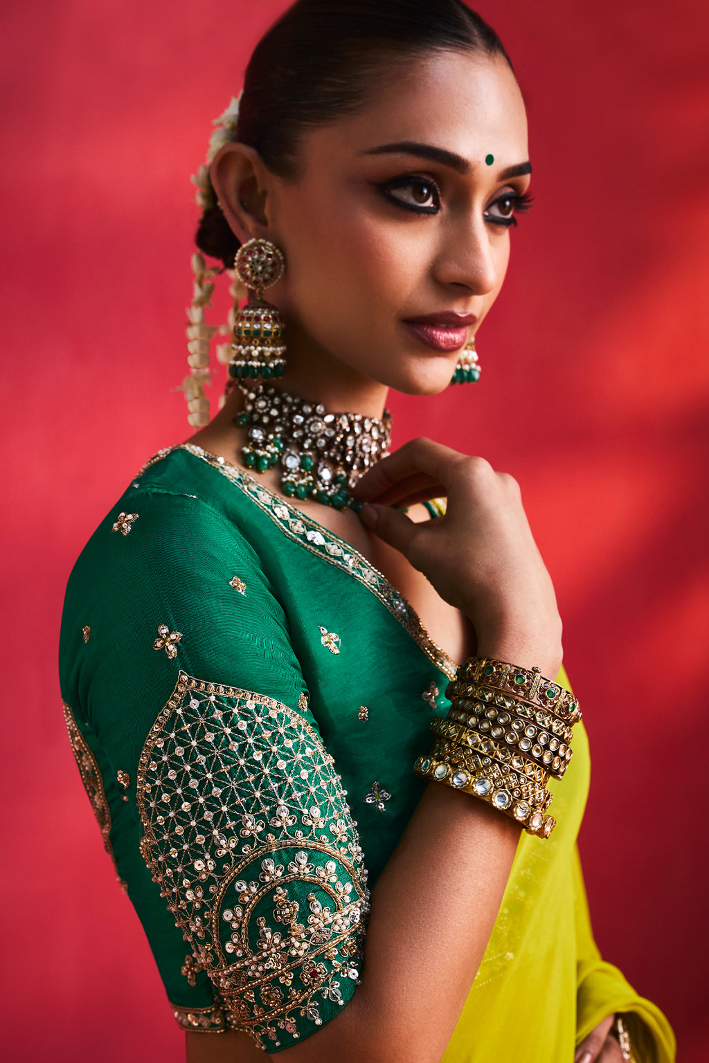 Lime Green Organza Beaded and Cutdana Worked Saree
