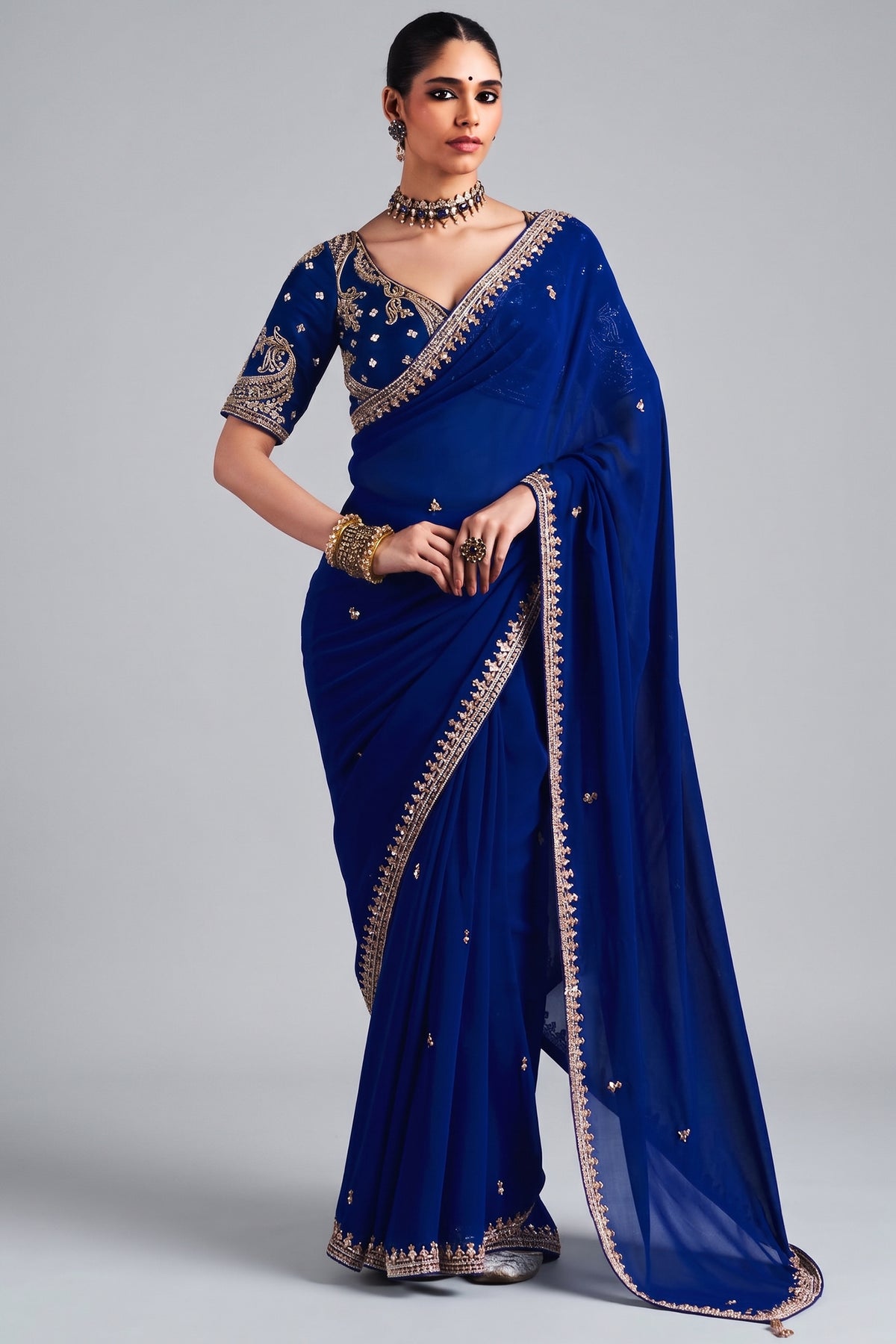 Royal Blue Viscose Georgette Cutdana and Beaded Worked Saree