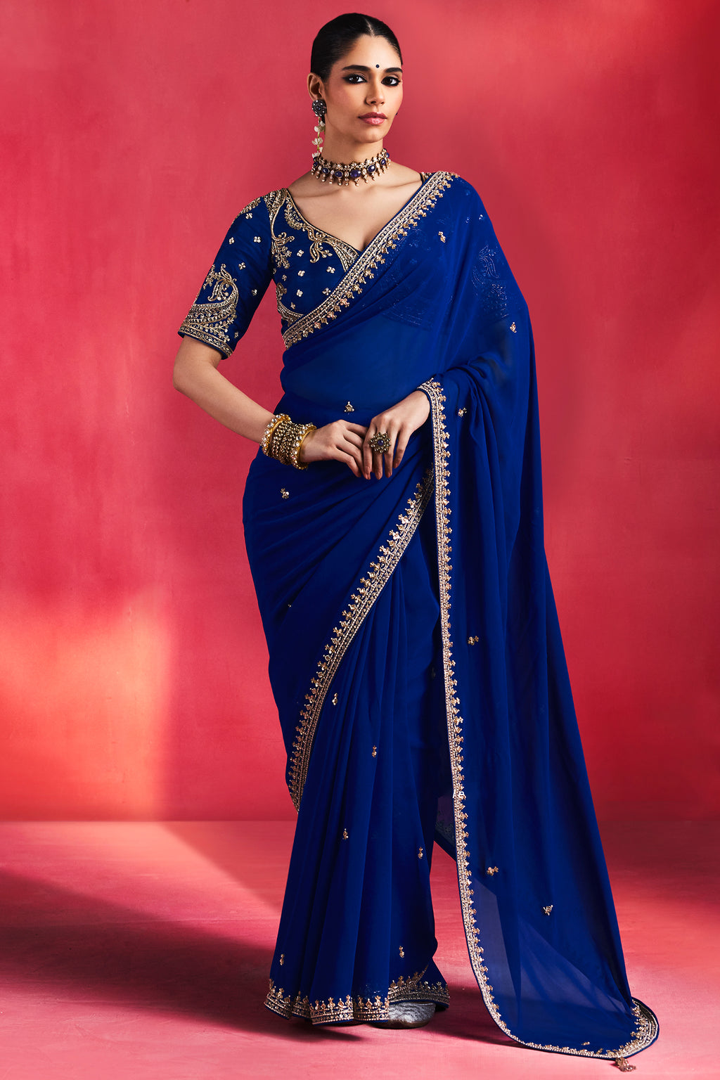 Royal Blue Viscose Georgette Cutdana and Beaded Worked Saree