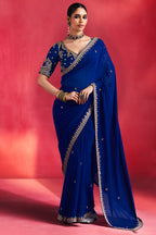 Royal Blue Viscose Georgette Cutdana and Beaded Worked Saree