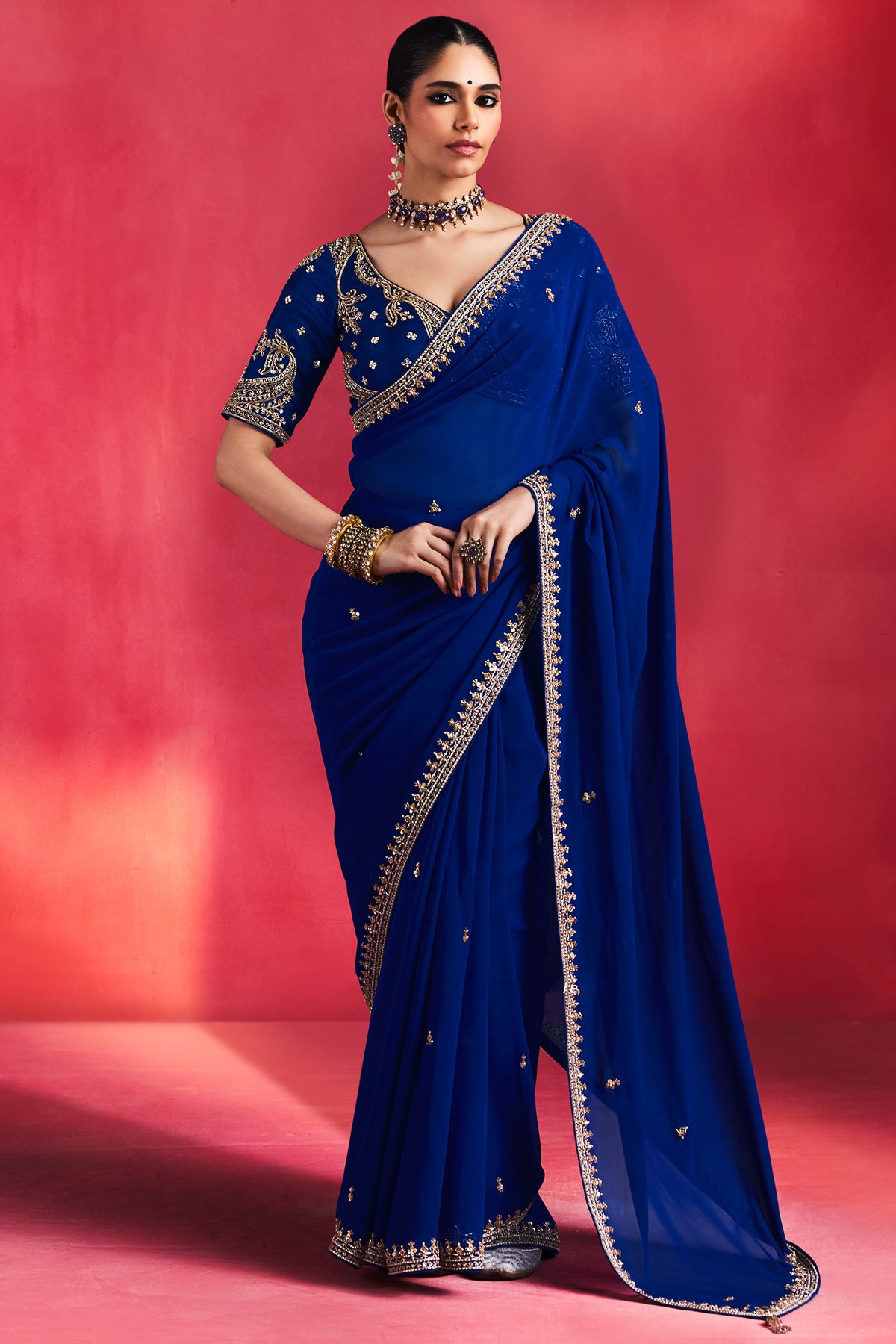 Royal Blue Viscose Georgette Cutdana and Beaded Worked Saree