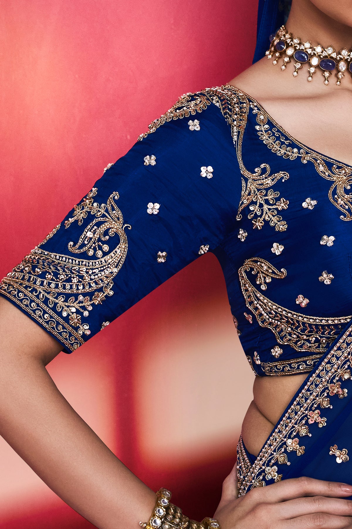 Royal Blue Viscose Georgette Cutdana and Beaded Worked Saree