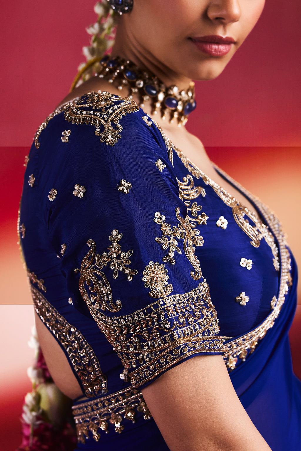 Royal Blue Viscose Georgette Cutdana and Beaded Worked Saree