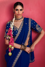 Royal Blue Viscose Georgette Cutdana and Beaded Worked Saree