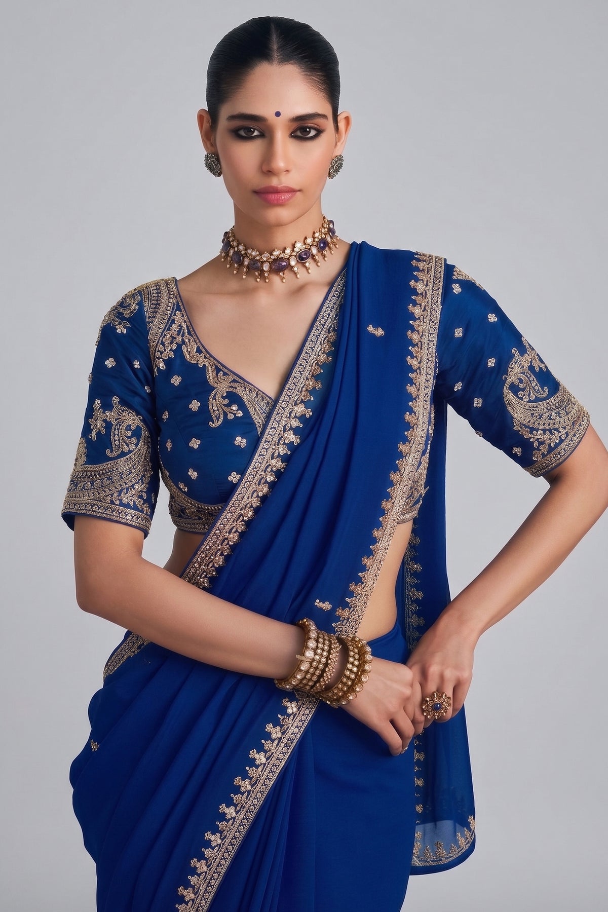 Royal Blue Viscose Georgette Cutdana and Beaded Worked Saree