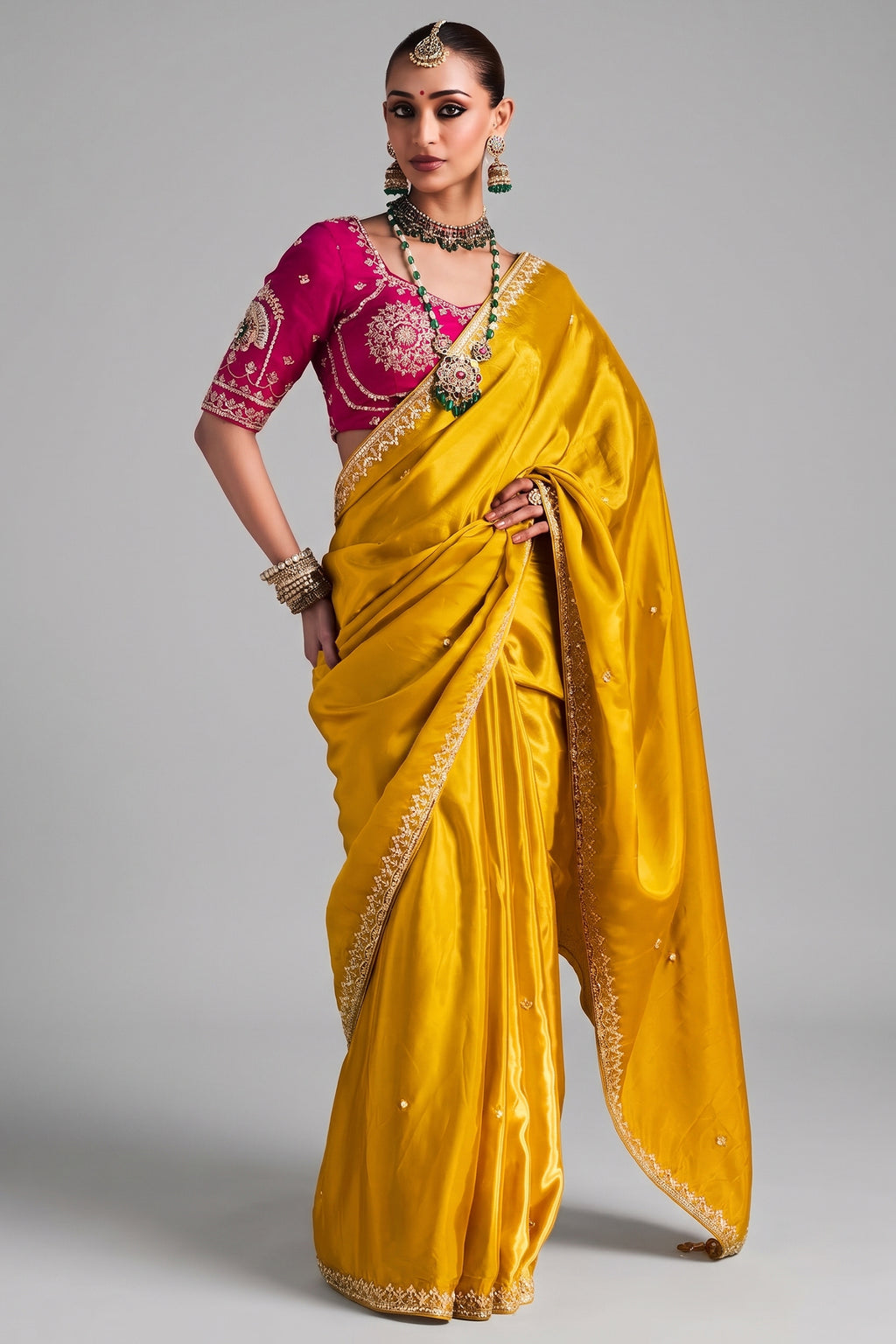 Yellow Crepe Silk Cutdana Beaded Saree