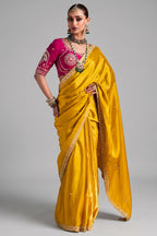 Yellow Crepe Silk Cutdana Beaded Saree