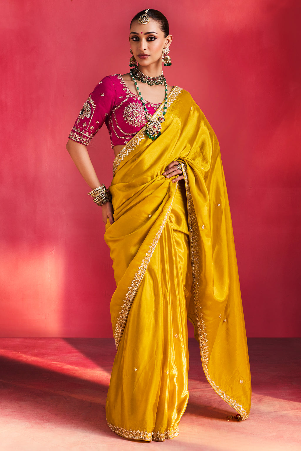 Yellow Crepe Silk Cutdana Beaded Saree