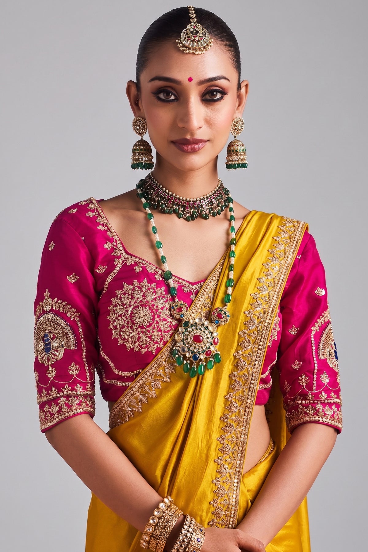 Yellow Crepe Silk Cutdana Beaded Saree
