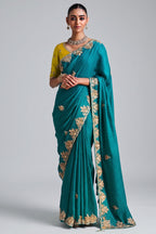 Rama Blue Crepe Silk Sequin Beaded Saree