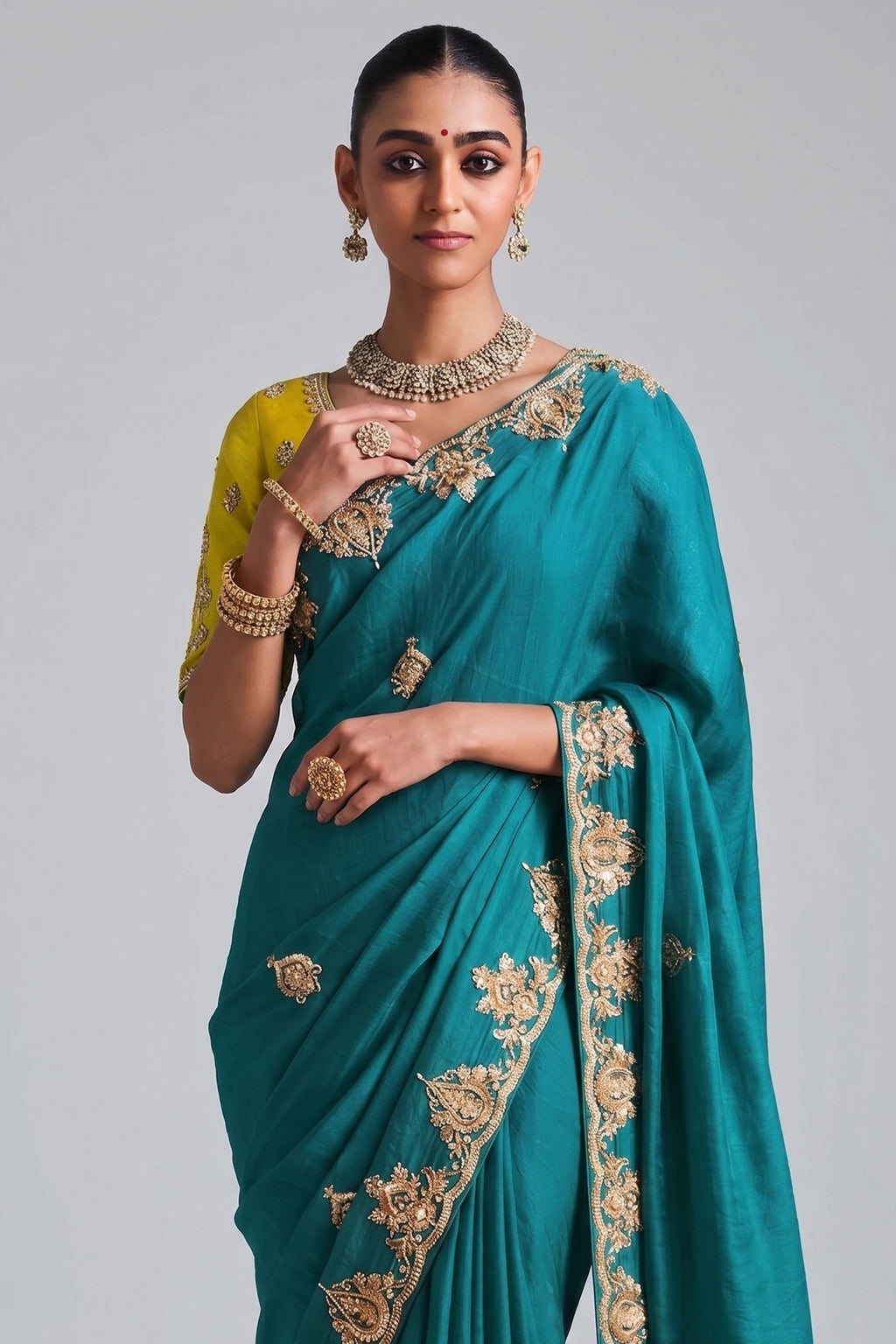 Rama Blue Crepe Silk Sequin Beaded Saree