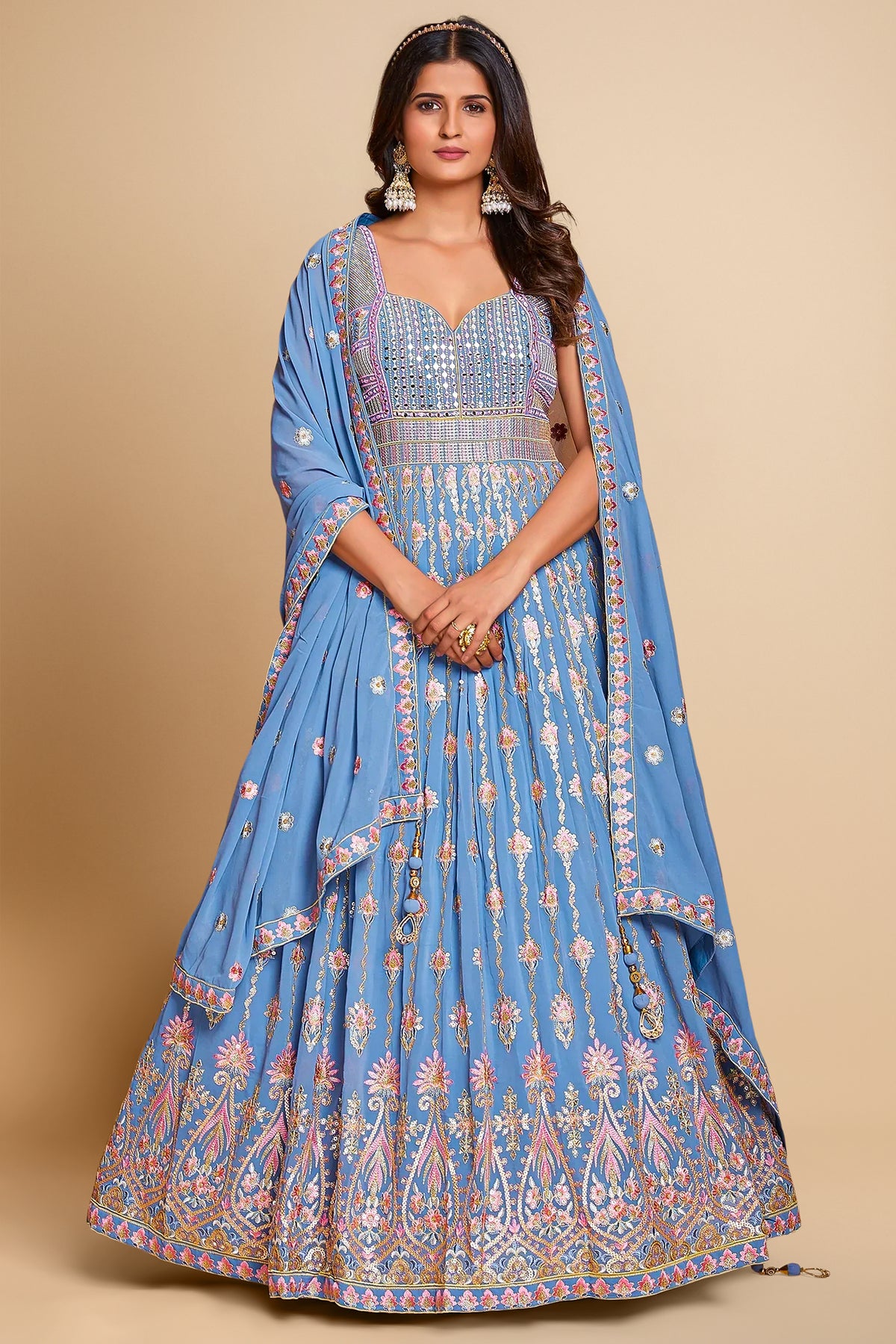 Pleated Sequin Embroidery Anarkali Suit in Georgette - georgette saree embroidery