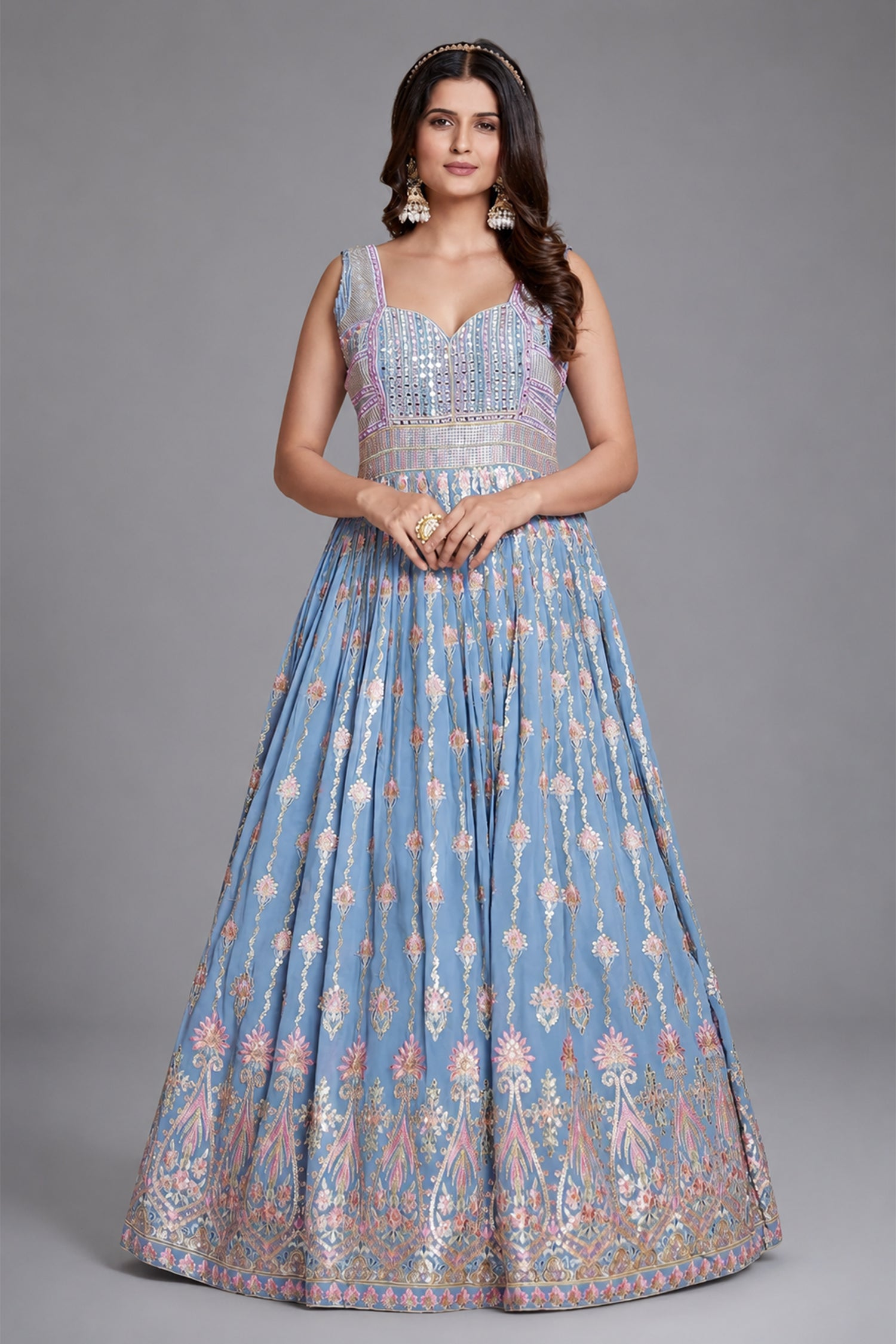Pleated Sequin Embroidery Anarkali Suit in Georgette - georgette saree embroidery