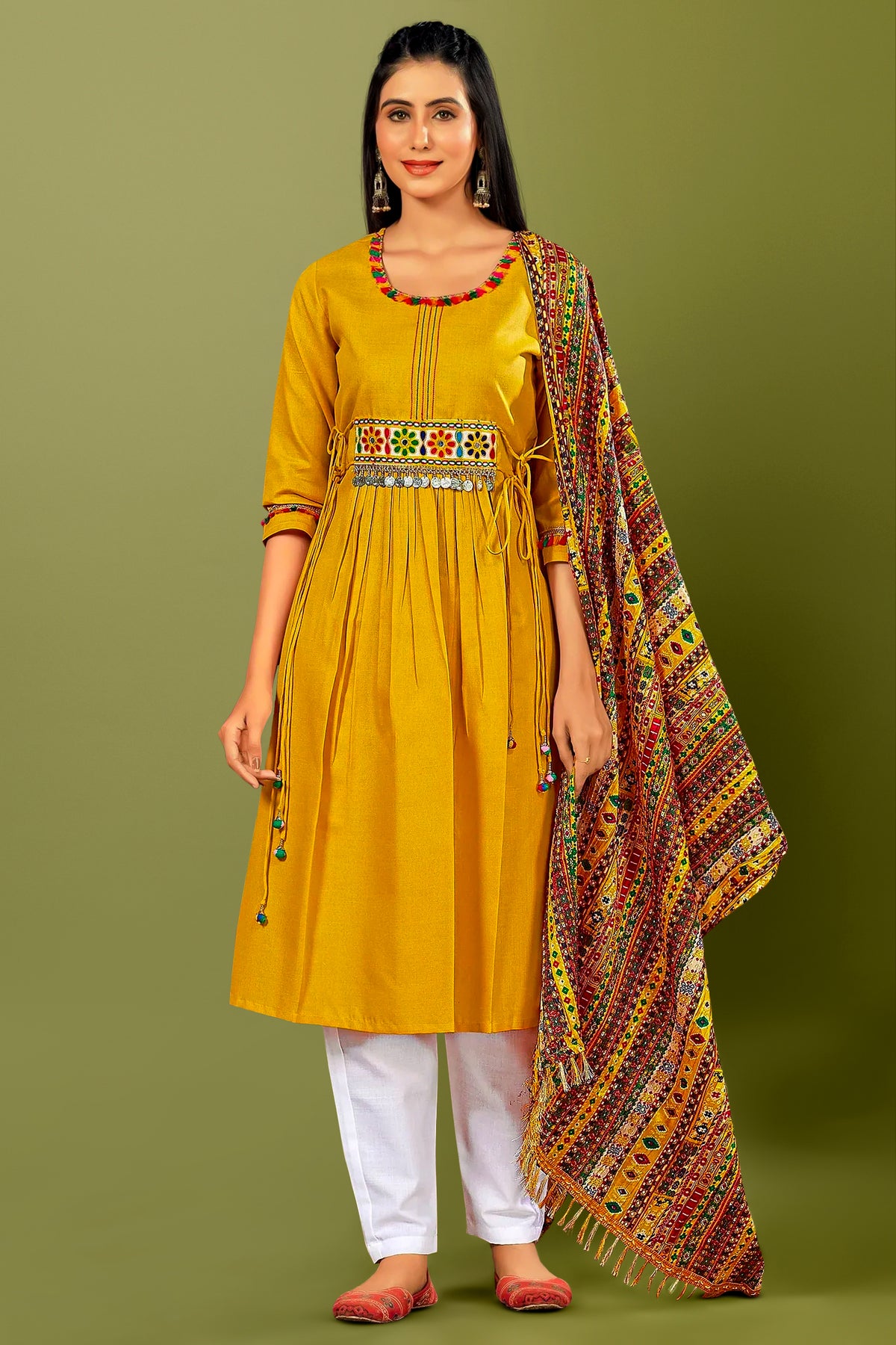 Mustard Cotton Suit with Kachchi Mirror Work - mustard cotton saree