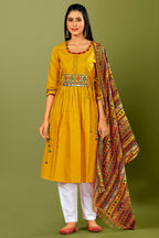 Mustard Cotton Suit with Kachchi Mirror Work - mustard cotton saree
