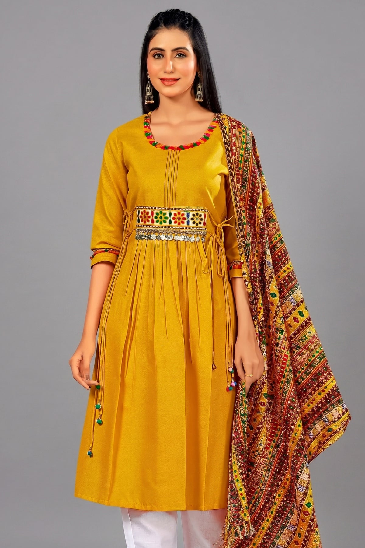 Mustard Cotton Suit with Kachchi Mirror Work - mustard cotton saree