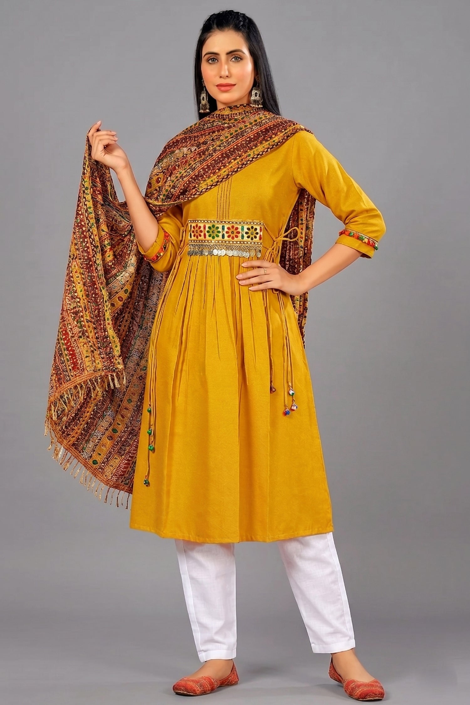 Mustard Cotton Suit with Kachchi Mirror Work - mustard cotton saree