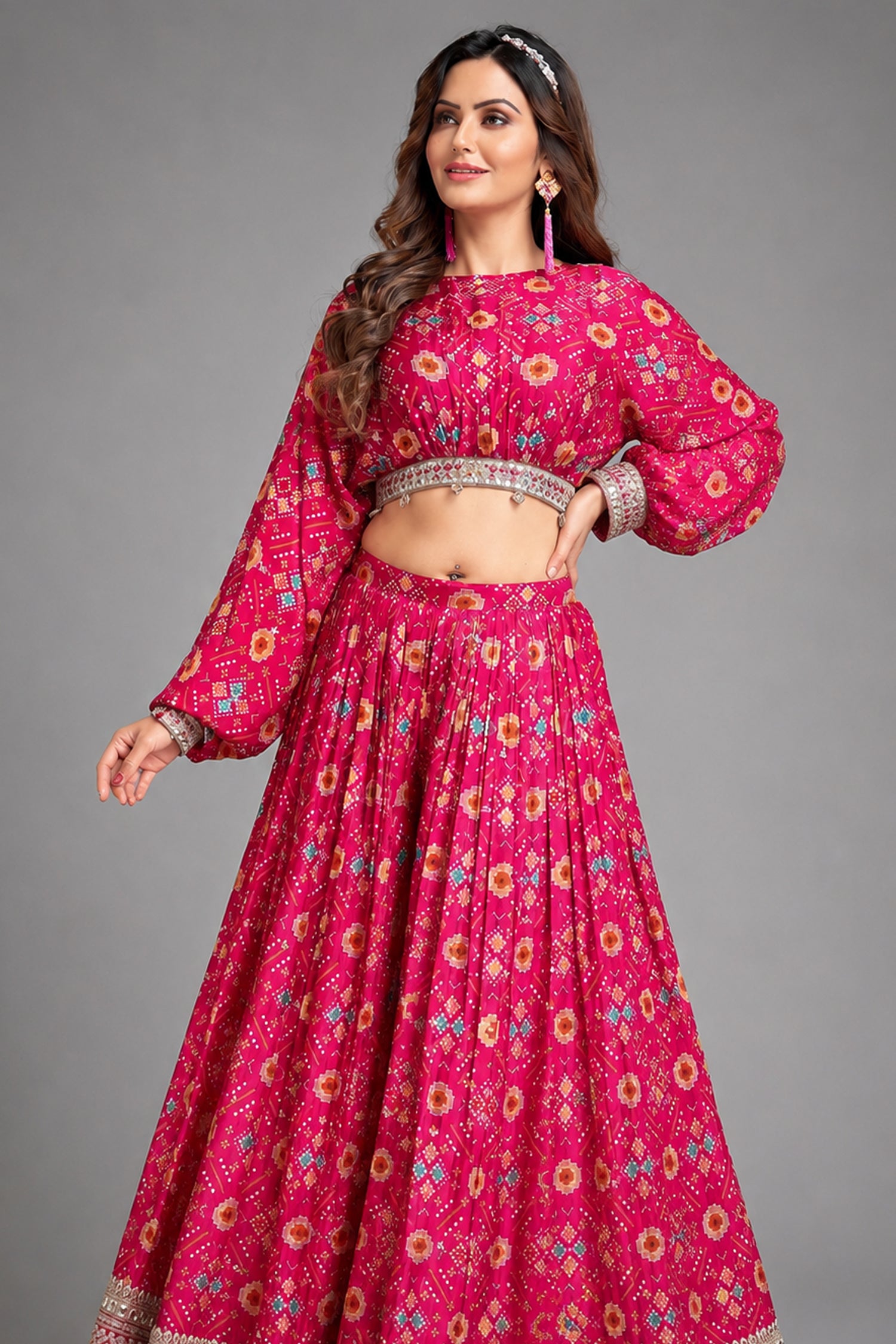 Pink Chinon Digital Printed Crop Top Palazzo Set Secondary image