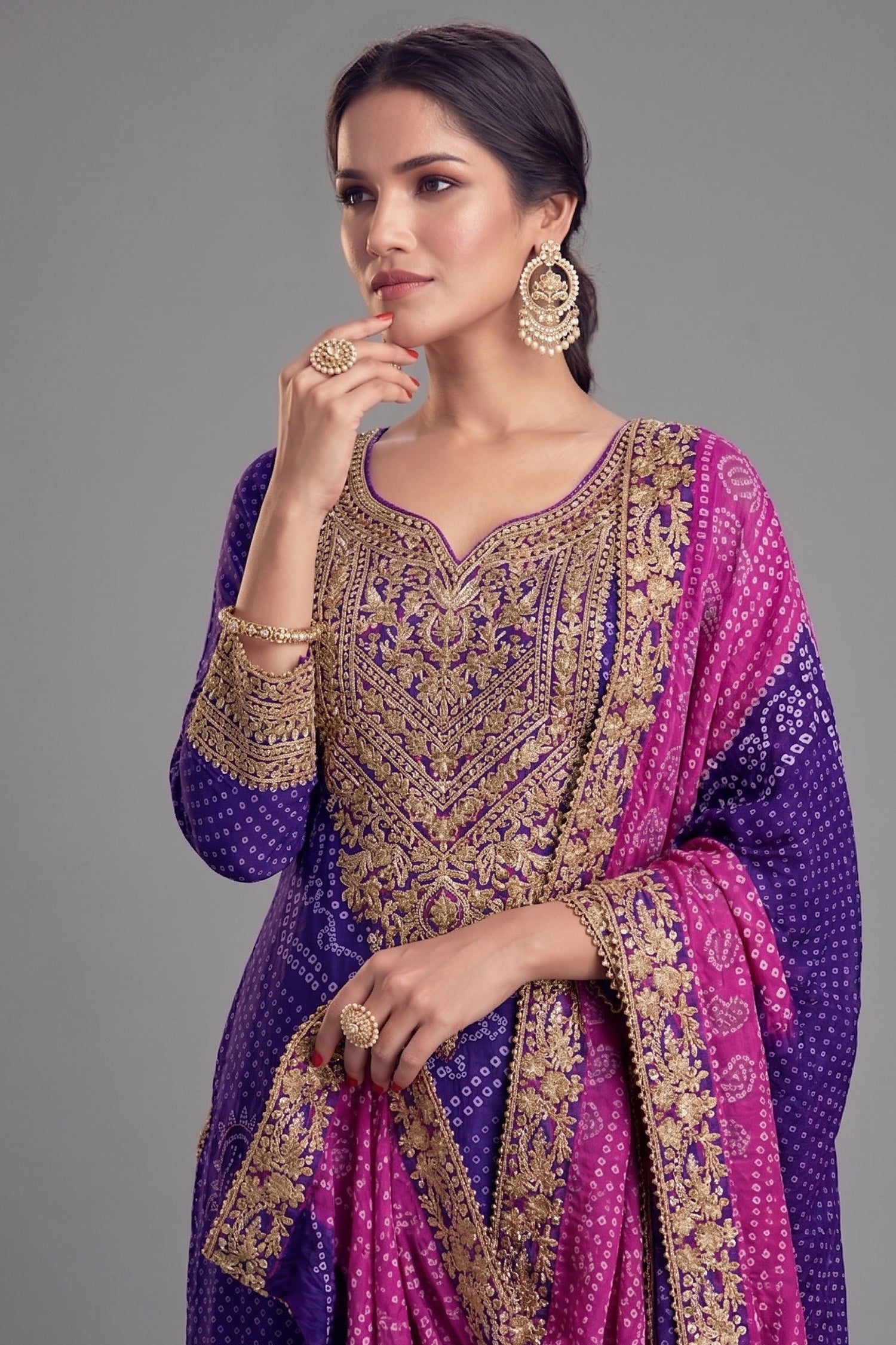 Chinon Bandhej Printed Palazzo Suit with Sequin Mirror Work - saree bandhej