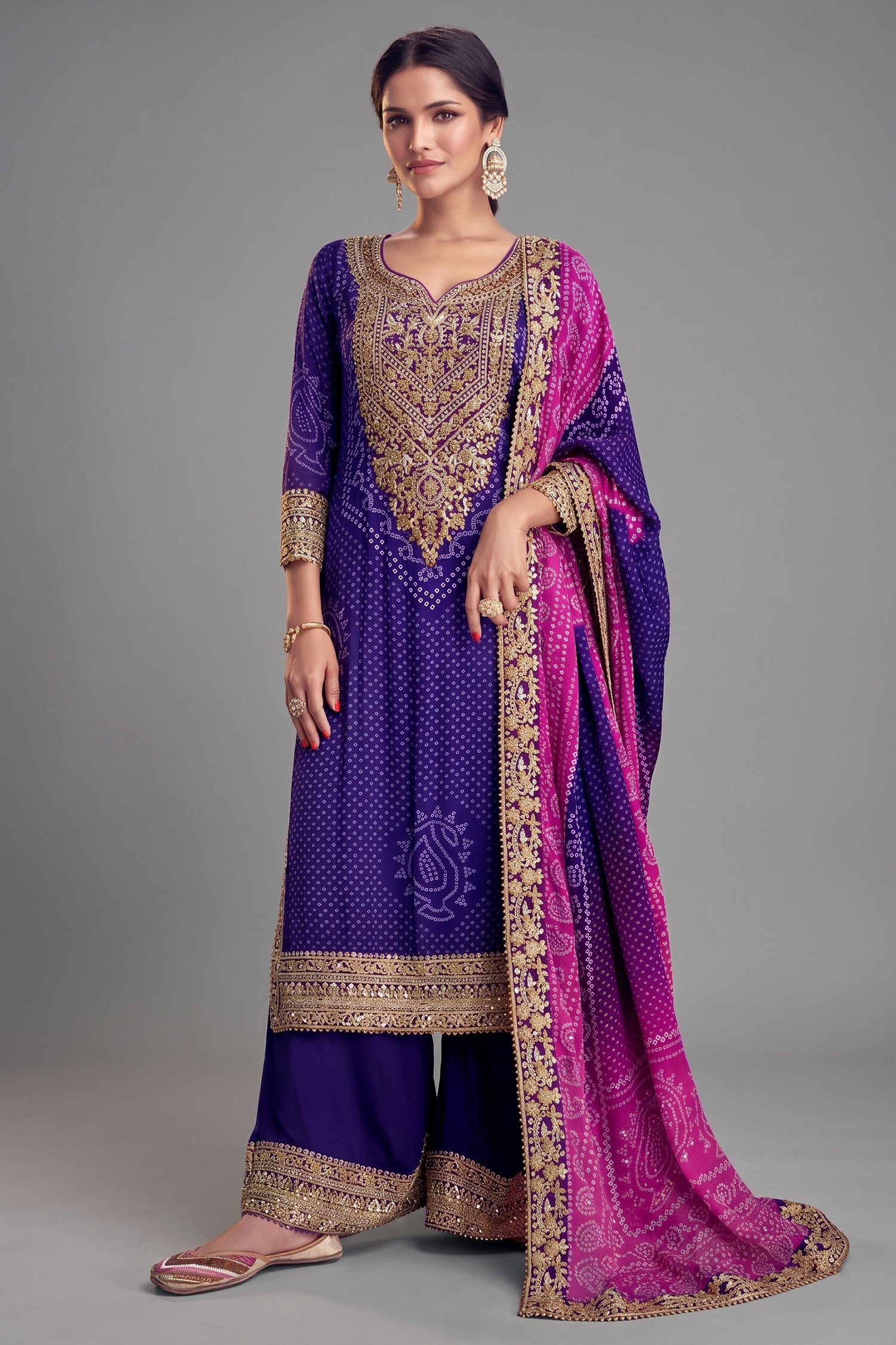 Chinon Bandhej Printed Palazzo Suit with Sequin Mirror Work - saree bandhej