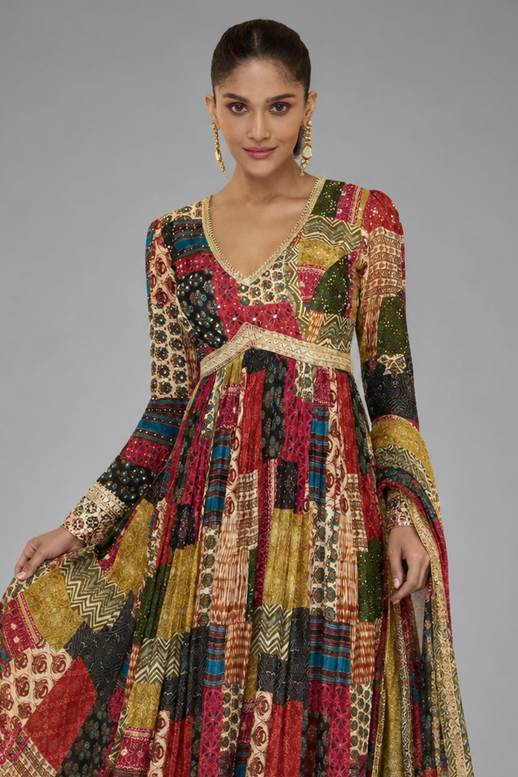 Multi Colored Georgette V Neckline Anarkali Suit with Sequin Mirror Work Bodice - red georgette saree