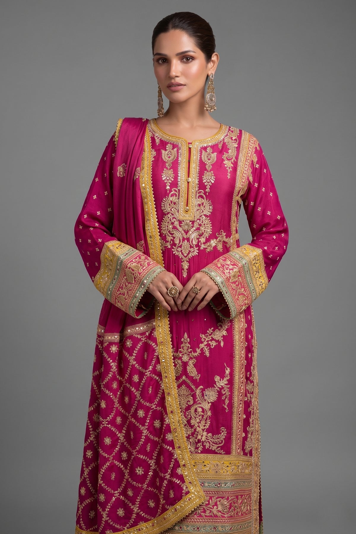 Pink Chinon Embroidered and Mirror Worked Palazzo Suit - red saree embroidered