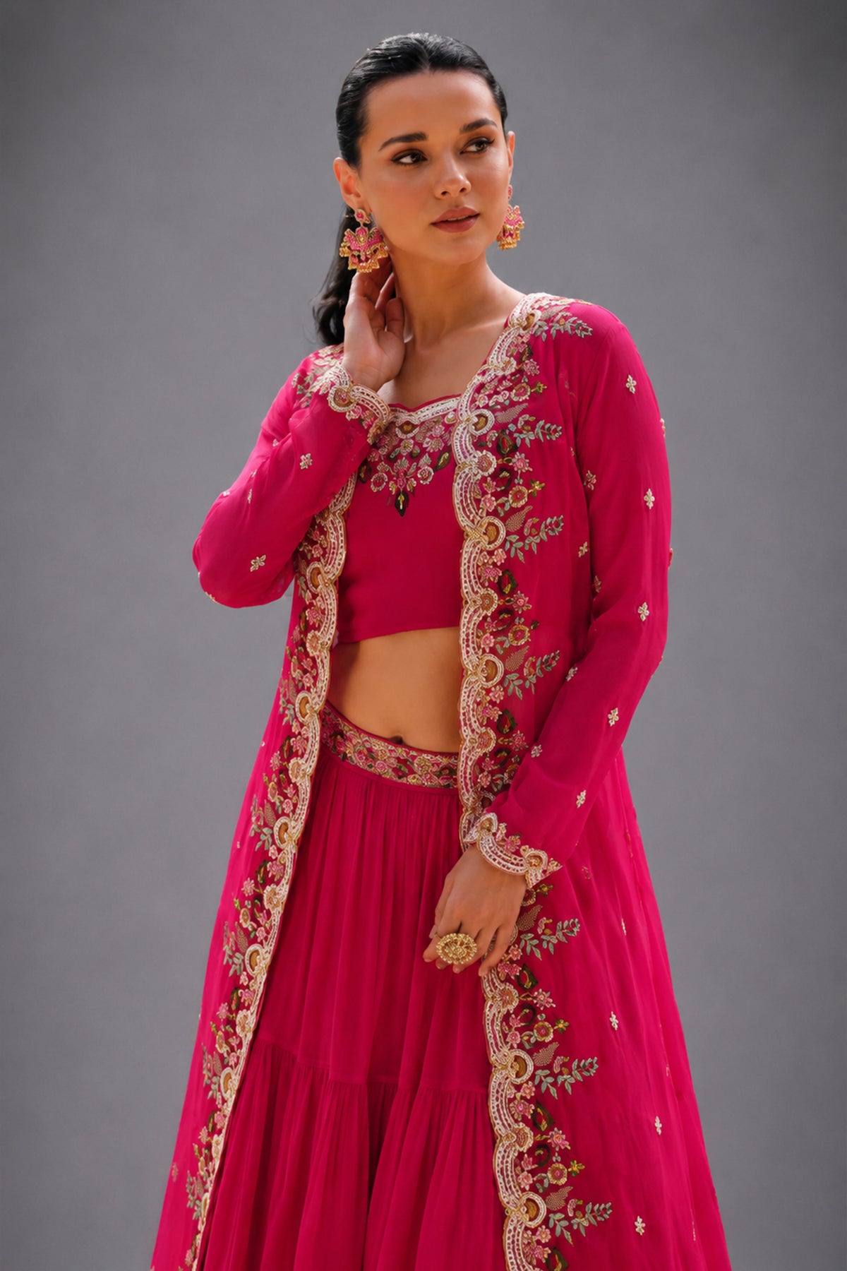 Georgette Crop Top and Flared Lehenga with Long Shrug - red georgette saree