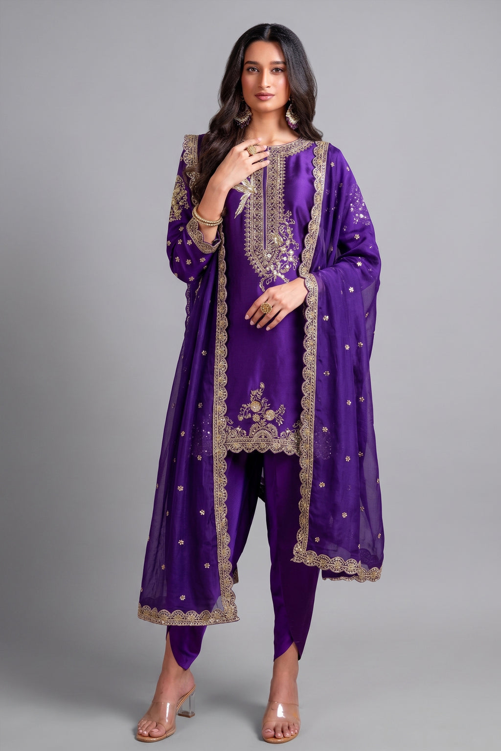 Violet Purple Organza Satin Embroidered Dhoti Suit - red satin saree embroidered