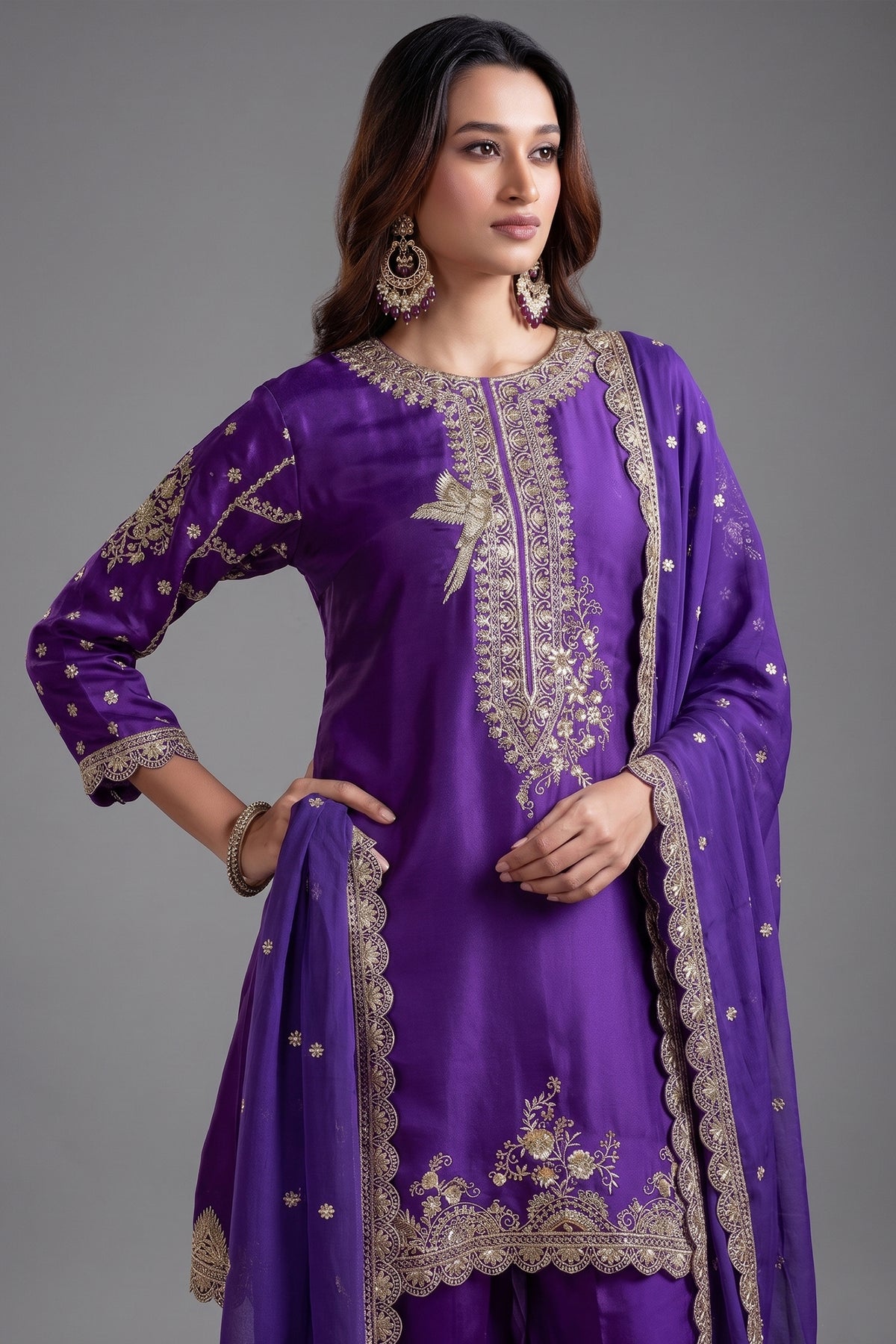 Violet Purple Organza Satin Embroidered Dhoti Suit - red satin saree embroidered