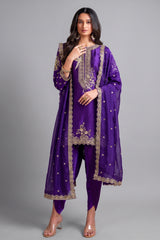 Violet Purple Organza Satin Embroidered Dhoti Suit