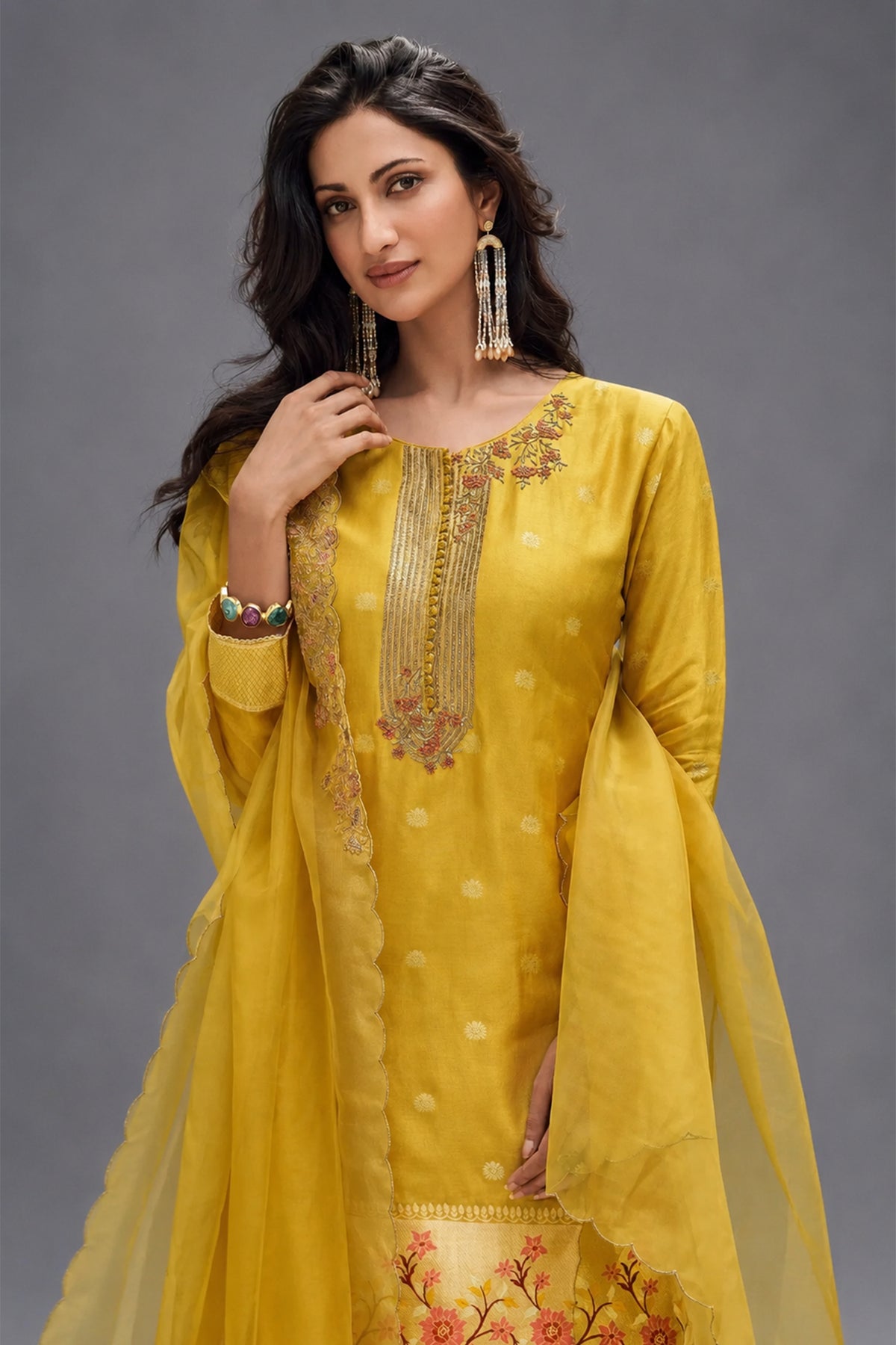 Yellow Viscose Jacquard Woven Sharara Suit - yellow viscose saree