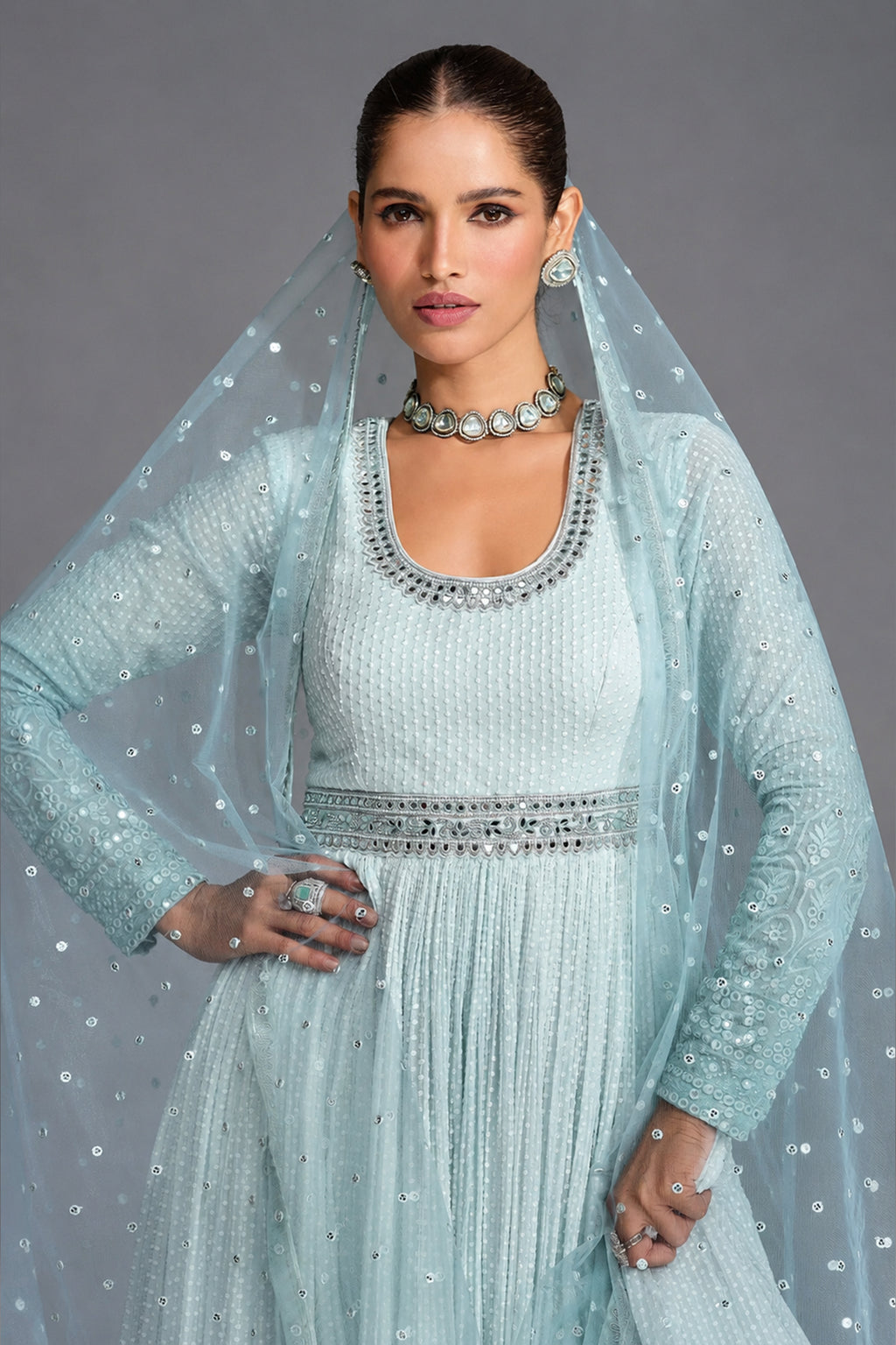 Blue Ombre Georgette Chinon Embroidered Anarkali Suit - red georgette saree embroidered