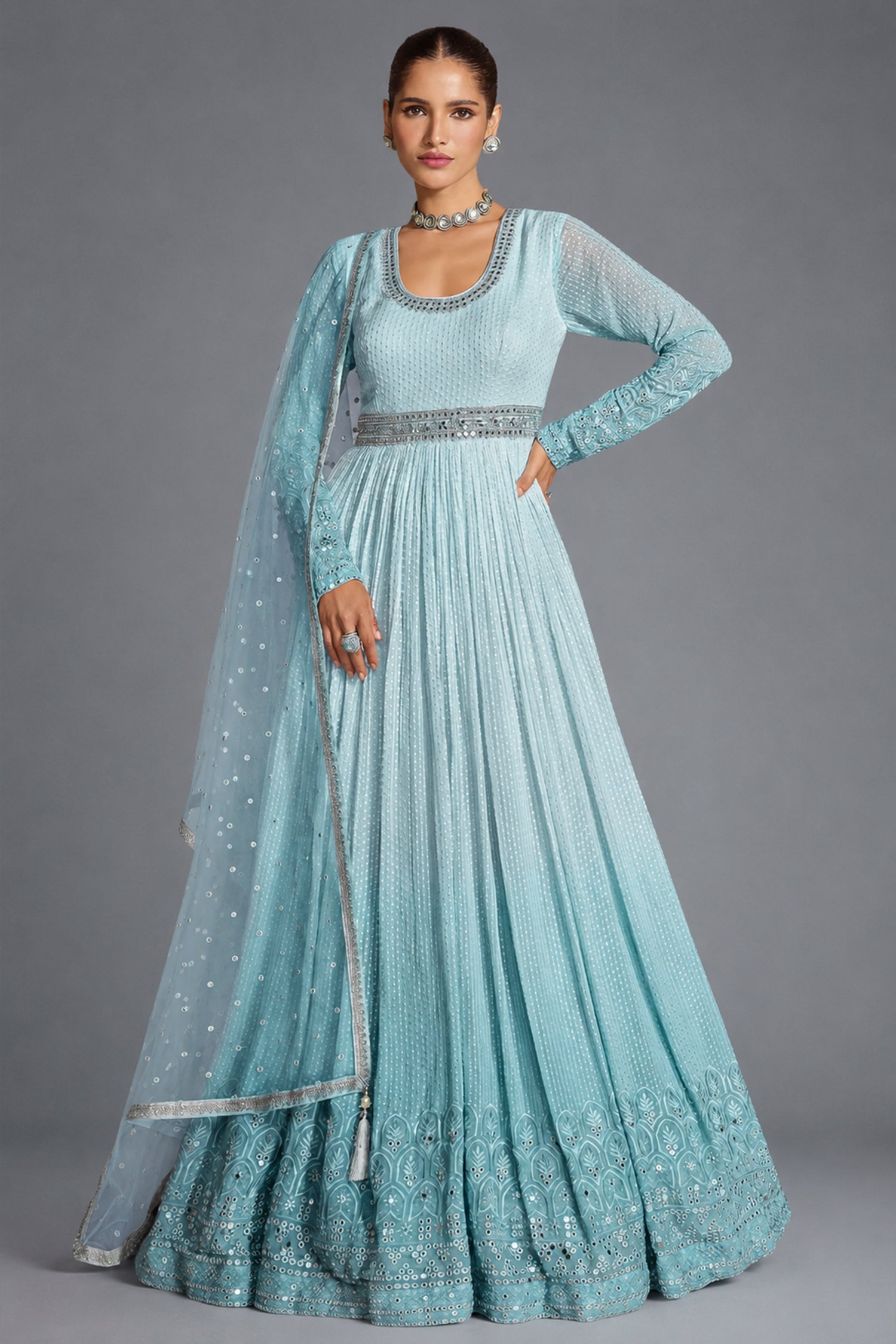 Blue Ombre Georgette Chinon Embroidered Anarkali Suit - red georgette saree embroidered