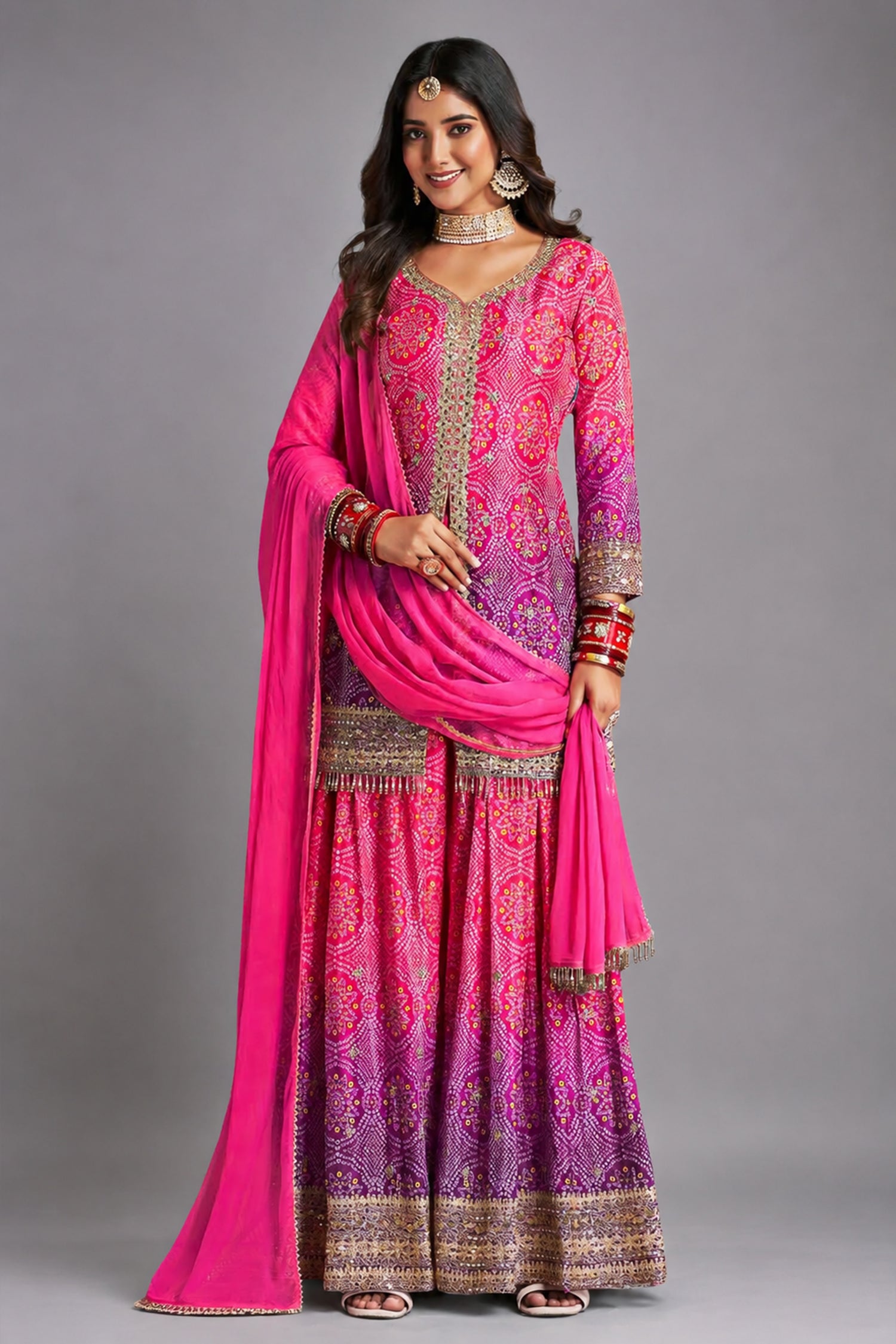 Chinon Printed Palazzo Suit with Mirror Embroidery - saree embroidery