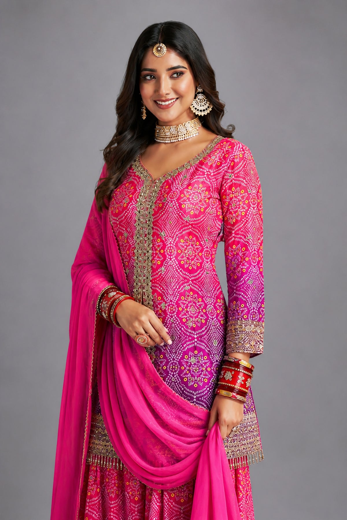 Chinon Printed Palazzo Suit with Mirror Embroidery - saree embroidery