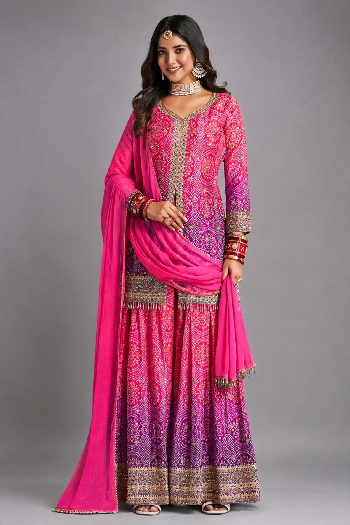 Chinon Printed Palazzo Suit with Mirror Embroidery - saree embroidery