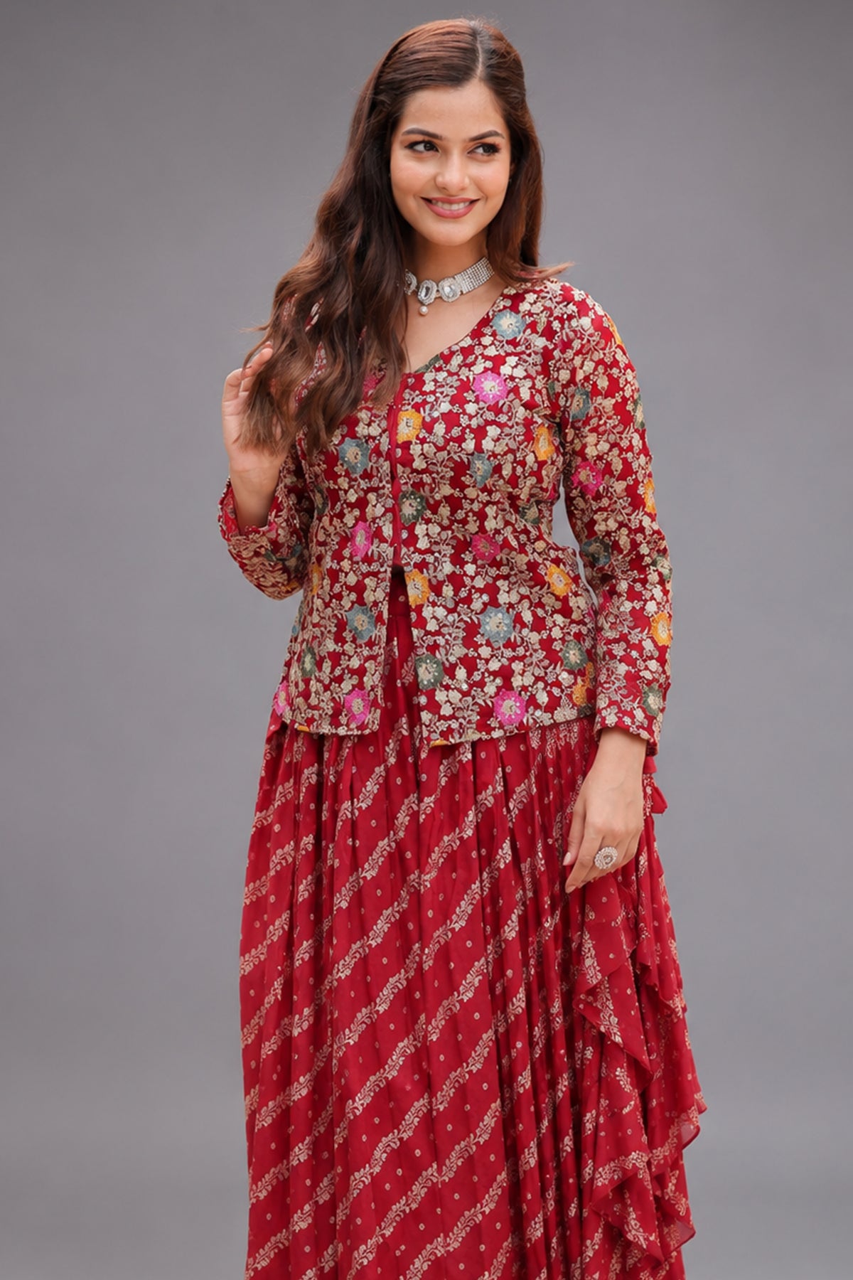 Maroon Georgette Embroidered Slit Cut Crop Top Lehenga - red georgette saree embroidered