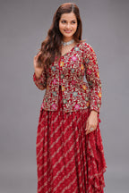 Maroon Georgette Embroidered Slit Cut Crop Top Lehenga - red georgette saree embroidered