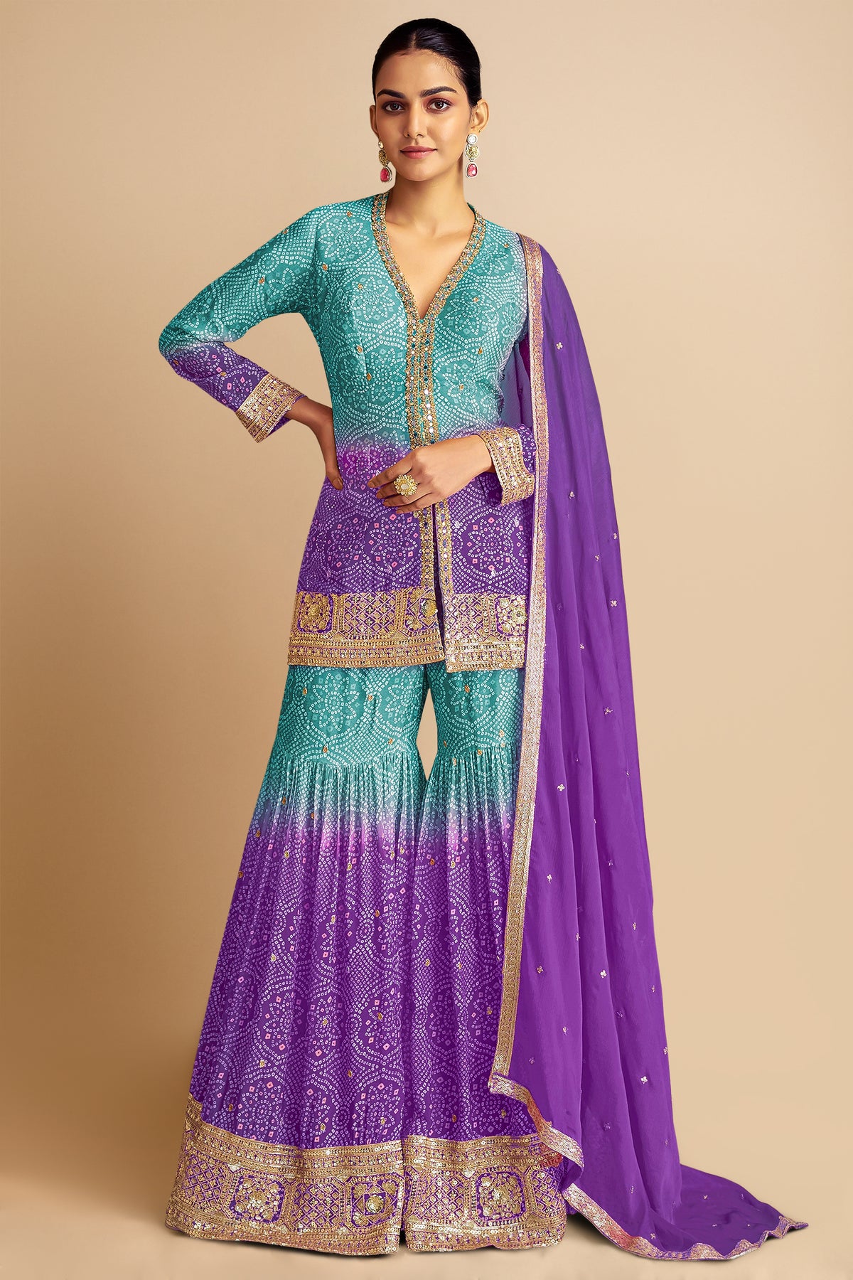 Ombre Chinon Bandhej Sharara Suit with Mirror and Sequins Work - saree bandhej