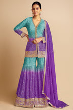 Ombre Chinon Bandhej Sharara Suit with Mirror and Sequins Work - saree bandhej
