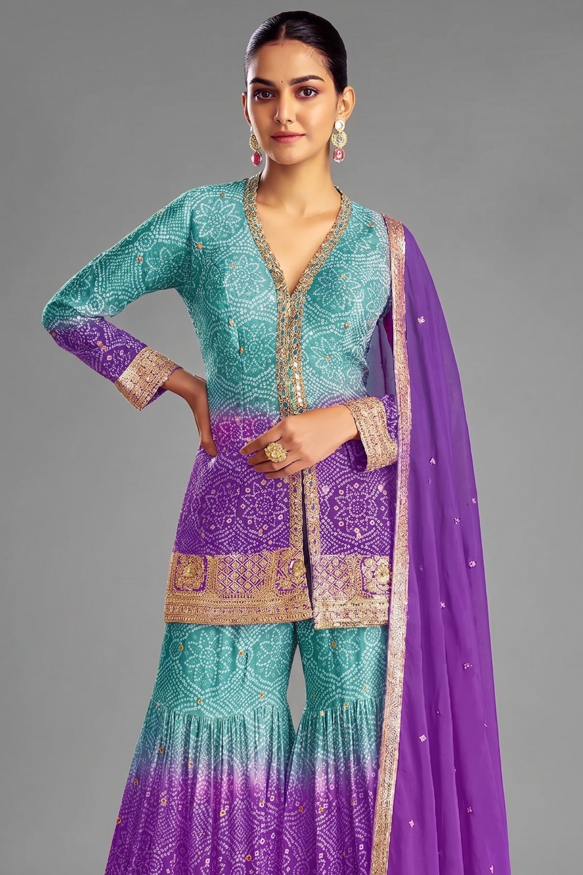 Ombre Chinon Bandhej Sharara Suit with Mirror and Sequins Work - saree bandhej