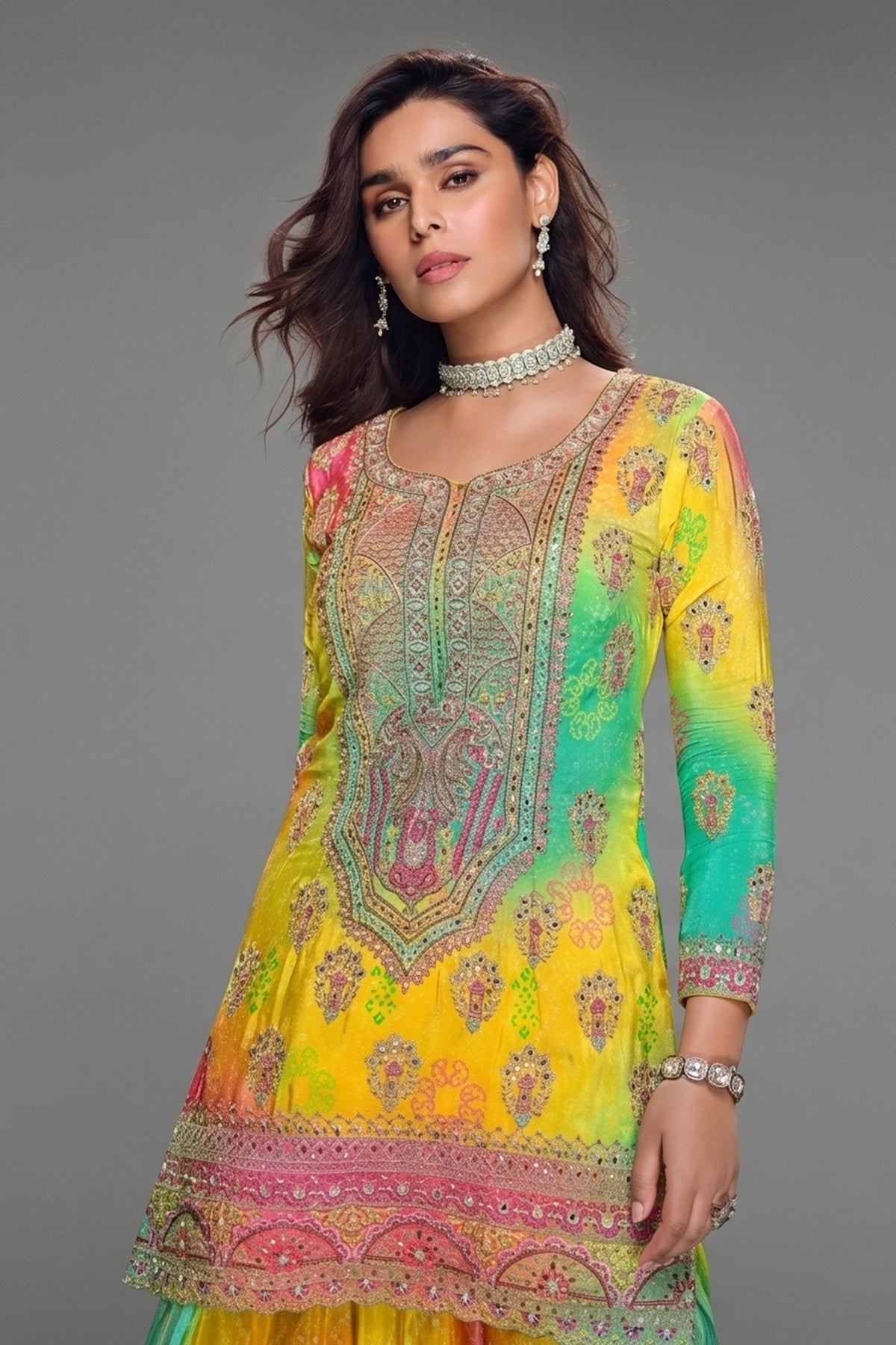 Yellow Chinon Silk Bandhej Embroidered Palazzo Suit - red silk saree bandhej