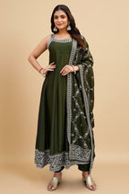 Olive Green Art Silk Sequin Embroidered Anarkali Suit - red silk saree embroidered
