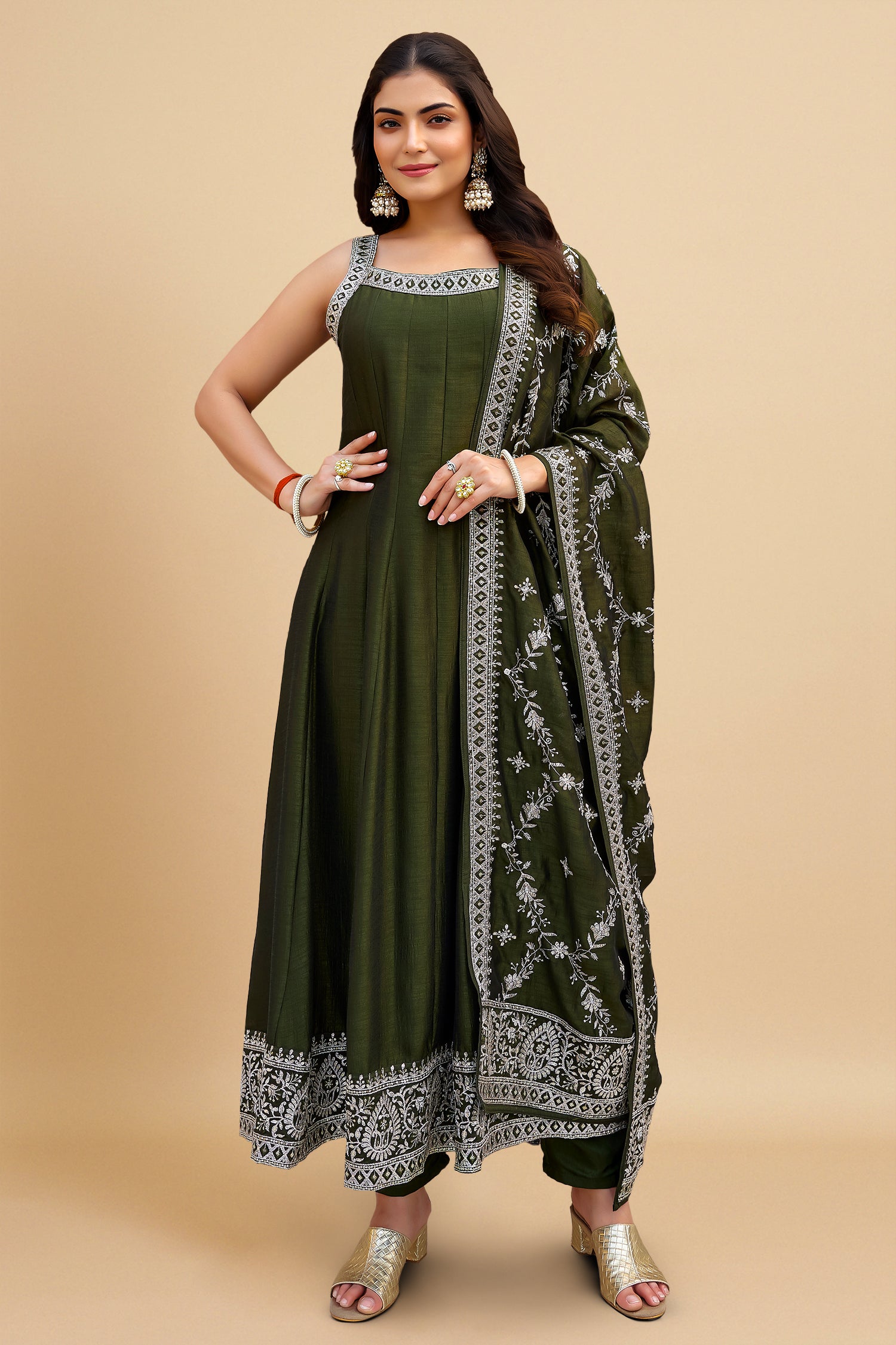 Olive Green Art Silk Sequin Embroidered Anarkali Suit - red silk saree embroidered